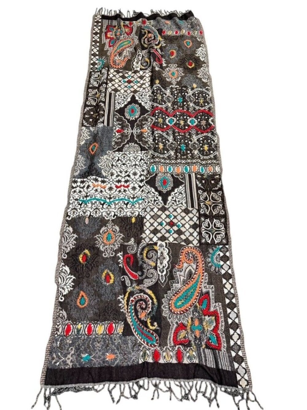 Bul-Bul Handicraft Pure Wool Scarf Embroidered Colorful Yarn Paisley 26"W x 71"L - Picture 4 of 10